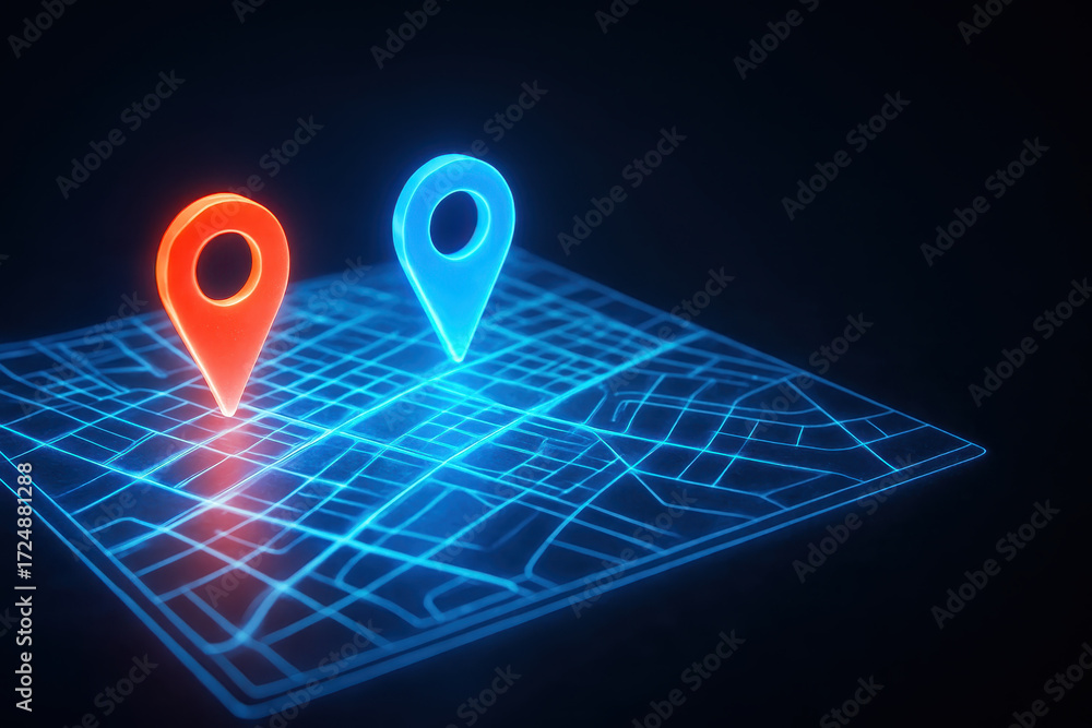 Poster ai driven navigation location concept with glowing map and two neon pin markers futuristic technolog