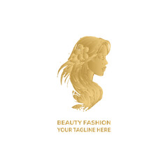 Golden Beauty Fashion Logo with Elegant Woman Face and Floral Hair Design for Salon, Spa, and Cosmetics Branding