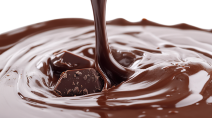 Chocolate liquid pouring over chunks isolated on a transparent background