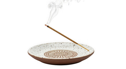 Incense stick burning with smoke rising from a decorative dish, isolated on transparent background