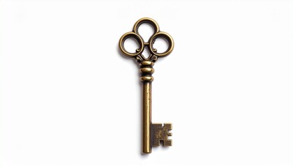 Antique brass key with ornate bow symmetrical flourishes long shaft and traditional warded bit for vintage design storytelling symbolism and historical visual branding