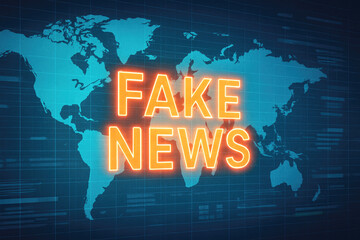 World map with neon orange text FAKE NEWS glowing prominently over blue grid background fake news