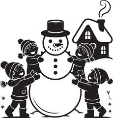 Christmas kids building snowman silhouette vector