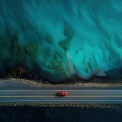 Aerial view of a red car driving on a road adjacent to turquoise water, with a coastal landscape and dark shoreline.