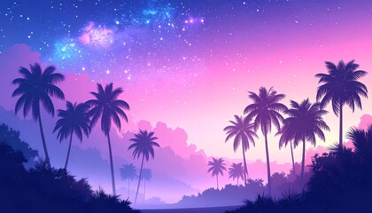 Tropical night sky, palm trees
