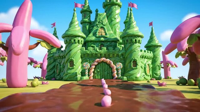 Cartoon fantasy land with green candy castle, pink banana trees, and chocolate road
