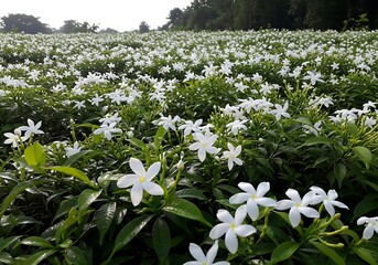 Fototapeta premium Expansive star jasmine field capturing the bloom's elegant simplicity and verdant foliage contrasting natural
