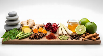 Assortment of natural ingredients including herbs, spices, citrus fruits, and stacked stones arranged on a wooden board against a white background.