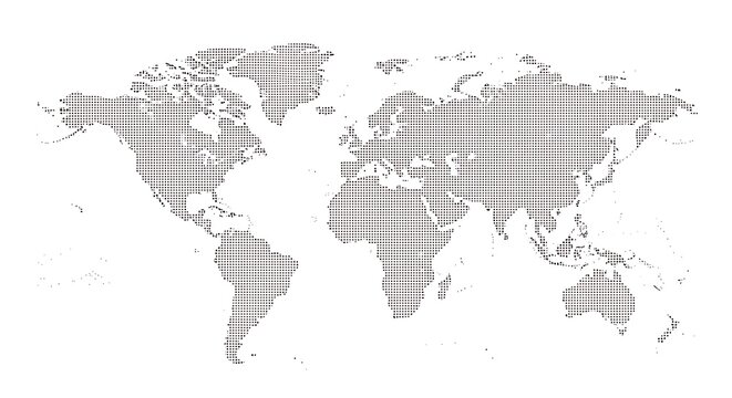 Global perspective dot matrix world map illustrating the interconnectedness of continents and oceans