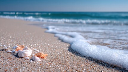 Obraz premium Sandy Beach Shoreline with Seashells and Foaming Ocean Waves in Warm Sunny Day Serene Seascape and Tropical Beach Background