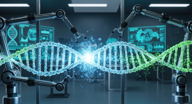 Advanced robotic arms manipulating a glowing DNA strand in a high-tech laboratory setting - Powered by Adobe