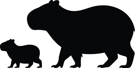 Silhouette of adult and baby capybara, wildlife animals, nature mammals, side view, animal family, jungle creatures, cute baby, big animal