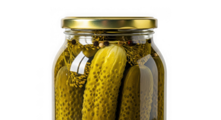 Glass jar filled with pickles and spices, sealed with a golden lid, isolated on transparent background