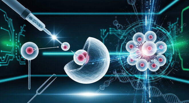 Advanced scientific illustration of molecular manipulation and genetic engineering in a futuristic lab