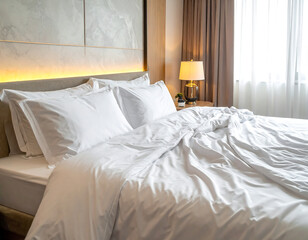 Elegant Bedroom Interior Soft Linens and Cozy Ambiance with Natural Light and Stylish Decor