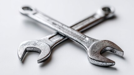 Professional silver wrenches crossed diagonally on a clean white surface, ready for demanding mechanical tasks and repairs.