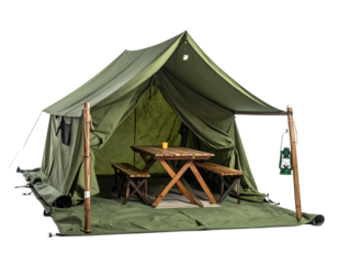 Green canvas tent with wooden furniture