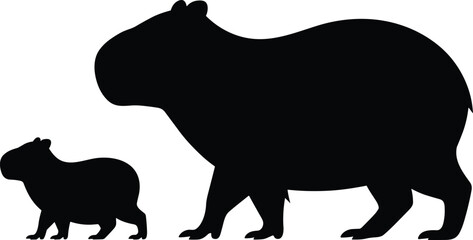 Silhouette of capybara adult and baby, wildlife animal pair, nature mammals, jungle creatures, family  