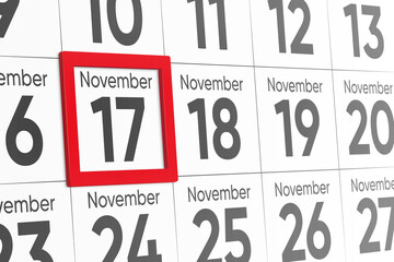 Date 17 November with red frame realistic calendar day design. Red frame shows the date November 17 3d illustration