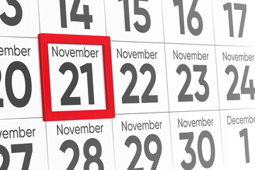 Date 21 November with red frame realistic calendar day design. Red frame shows the date November 21 3d illustration