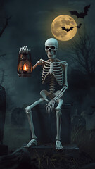 Sinister Skeleton on Tombstone with Lantern (Halloween related)