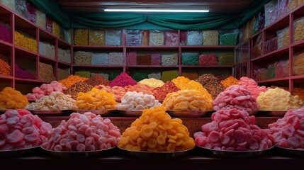Market stall with a variety of colorful candies on display. the candies are arranged in rows and columns, with different sizes and shapes.