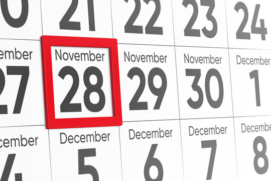 Date 28 November with red frame realistic calendar day design. Red frame shows the date November 28 3d illustration