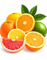 Vibrant stack of citrus fruits, including oranges, lemons, lime, and grapefruit with leaves, presented against a clean white background