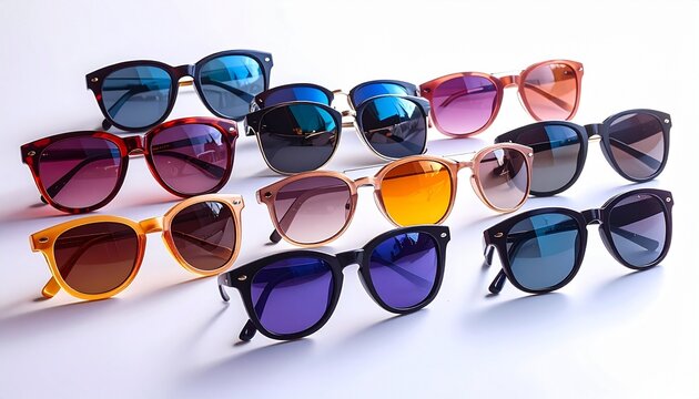 Fourteen pairs of sunglasses in varied styles and colors—arranged in a semi-circle on white background. A metaphor for perspective and the choreography of identity through curated vision and playful s