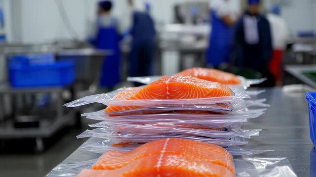 Stacked salmon fillets in plastic packaging in a food processing facility