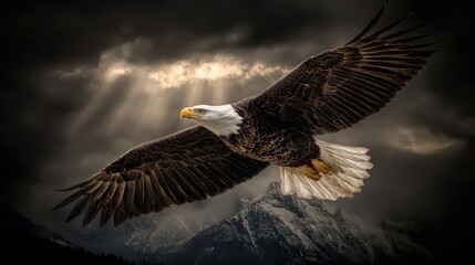 Obraz premium Majestic Bald Eagle Soaring Through Dramatic Stormy Sky Above Snowy Mountains