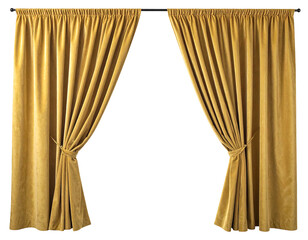 Gold drapes, tied back,  showing an empty window