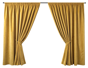 Gold drapes, tied back,  showing an empty window
