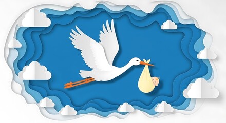 A stork in flight, carrying a baby in a pastel-yellow bag, soars against a backdrop of layered paper clouds in a vibrant blue sky. © Soffa