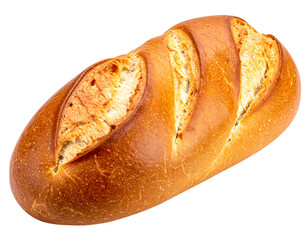 Long loaf of golden-brown bread, angled view