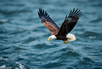 Fototapeta premium Bald Eagle Soaring Above Choppy Waters