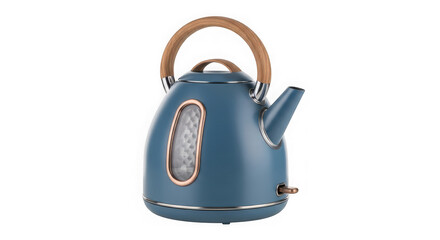 Retrostyle blue electric kettle with a wooden handle and copper accents, isolated on a transparent background