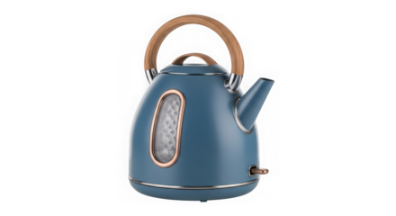 Retrostyle blue electric kettle with a wooden handle and copper accents, isolated on a transparent background