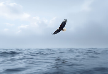 Fototapeta premium Bald Eagle Soaring Over Rough Ocean Waters