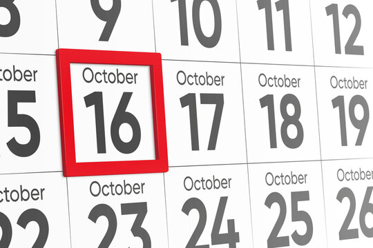 Date 16 October with red frame realistic calendar day design. Red frame shows the date October 16 3d illustration