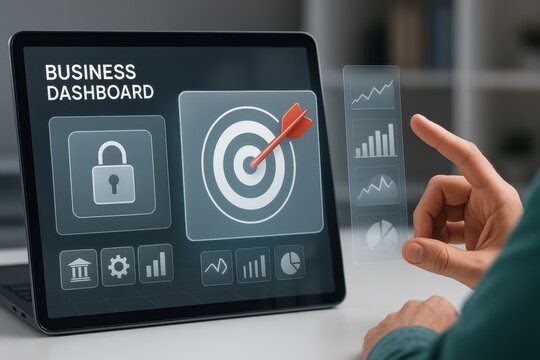 Business dashboard on tablet with target and charts showing performance data analysis and monitoring
 - Powered by Adobe