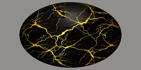 Black sphere with golden cracks on gray background