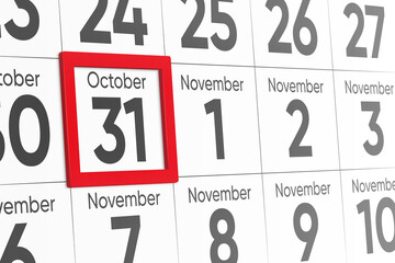 Date 31 October with red frame realistic calendar day design. Red frame shows the date October 31 3d illustration