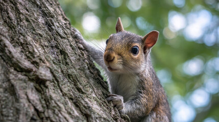 Fototapeta premium Squirrel climbing a tree trunk surrounded by green foliage with a curious expression in a natural outdoor setting during daylight.