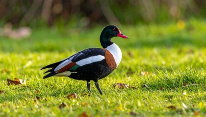 Colorful duck in grassy field