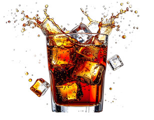 Splashing soda drink with ice cubes