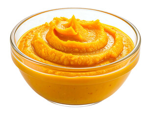 Orange, smooth puree in glass bowl