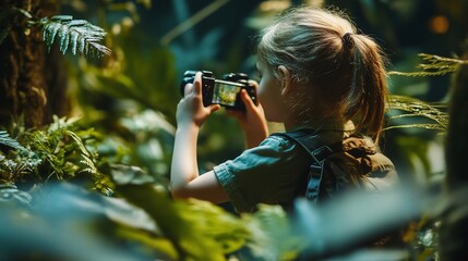 Capturing nature's beauty: Young photographer in verdant tropical forest