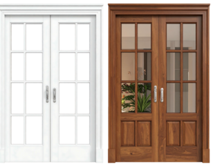 Two double doors, one white, one stained wood, both with divided glass panels