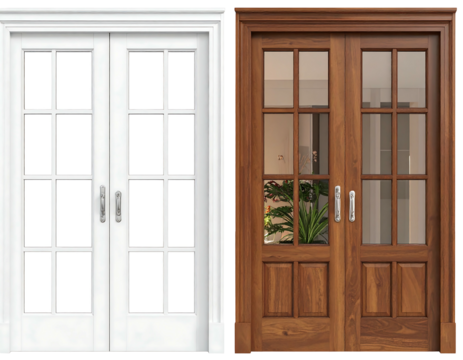 Two double doors, one white, one stained wood, both with divided glass panels